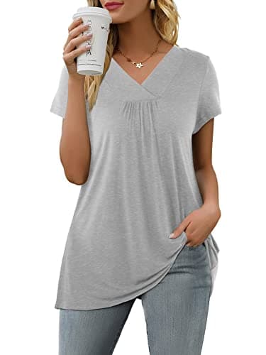 Image of Florboom Ladies V Neck Short Sleeve Solid Basic Tee Shirts Summer Tops Grey 18 20