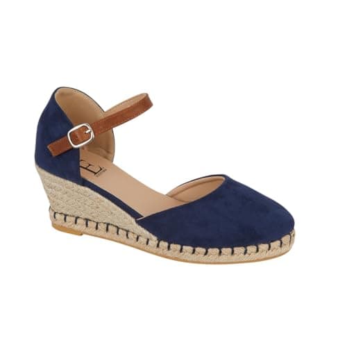 Image of Ladies Espadrille Sandal Womens Faux Suede Hessian Platform Ankle Strap Buckle Wedge Shoes (Navy Blue, UK Footwear Size System, Adult, Women, Numeric, Medium, 7)