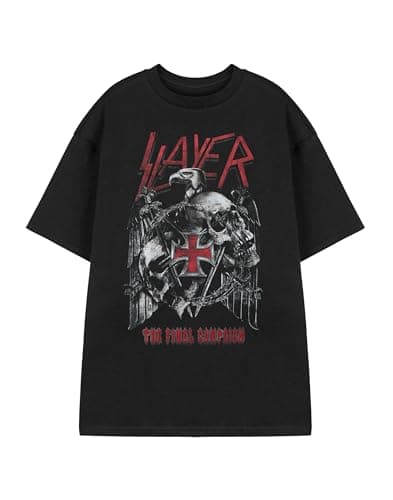 Image of Slayer The Final Campaign Eagle Logo Graphic Tee | Retro Black Short Sleeved Shirt with Eagle Print for Metalheads | Casual Rock Band Tee for Him