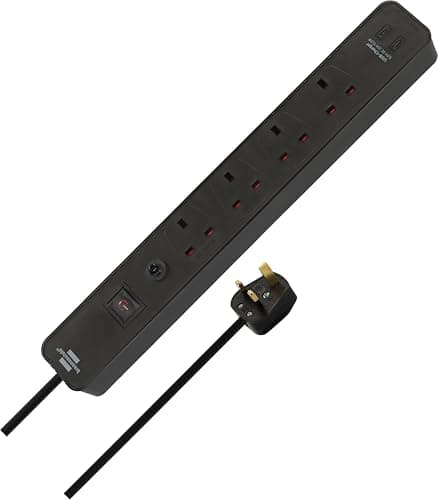 Image of Brennenstuhl Ecolor 4 way Extension Lead with USB C slots (Power Strip 4-way with safety fuse button, switch and 3m cable, 90° angle of sockets) black