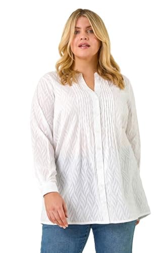 Image of Roman Originals Pintuck Shirt for Women Ladies Jersey Blouse Collarless Top Flare Crinkle Notch Neck Tunic 3/4 Length Sleeve Longline Smart Casual Party Going Out - White Plus - Size 2224