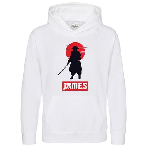 Image of Purple Print House Personalised Samurai Hoodie Kids Customised Name Japanese Warrior Silhouette Hooded Top Boys Girls, 12-13 Years, White