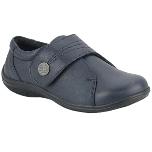 Image of Womens Wide Fit Leather Shoes Touch Fastening Orthopaedic Comfort Loafers Ladies Cushioned Walking Shoes Adjustable Strap Casual Work Diabetic Footwear Navy 3
