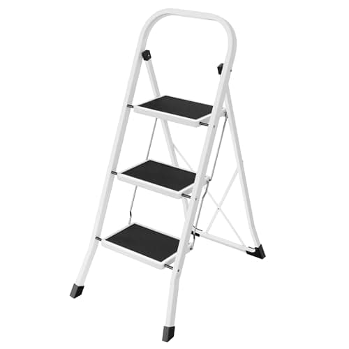 Image of SONGMICS Step Ladder, 3-Step Ladder, Folding Ladder, Safety Lock, Space-Saving Storage, Holds up to 150 kg, Simiply White GSL03WT