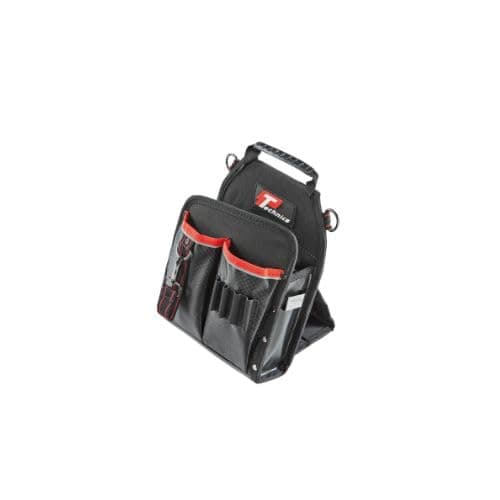 Image of TTechnics Kick Stand Tool Pouch, Large Professional Electrician Bag with Multiple Pockets, Black and Red