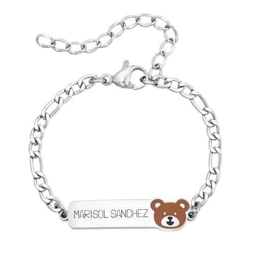 Image of Personalised Kid Boys Name Bracelet - Customised Engraved Figaro Chain Baby Child Girls Cartoon ID Charm Bracelets, Back to School Christmas Birthday Jewellery Gift (Silver - bear)