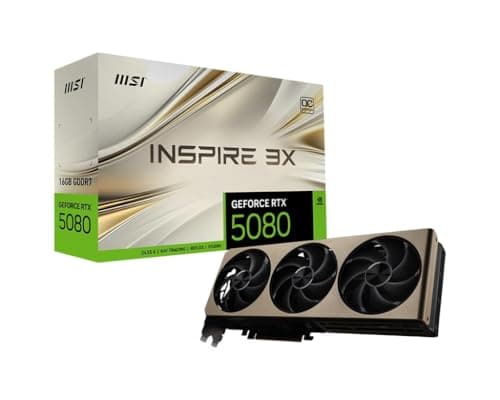 Image of MSI GeForce RTX 5080 16G INSPIRE 3X OC Graphics Card - RTX 5080 GPU, 16GB GDDR7 (30Gbps/256-bit), PCIe 5.0 - Triple Fan Thermal Design (3 x STORMFORCE Fan) - HDMI 2.1b, DisplayPort 2.1b