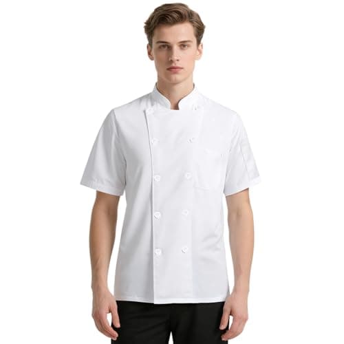Image of DiULi Chef Jacket, Unisex Chef's Short Sleeve Jacket Professional Lightweight Chef Jackets Protective Safety Short Sleeve Coat Modern Chesfswear,White-XL
