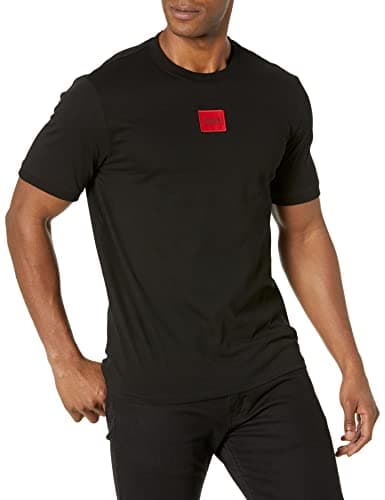 Image of HUGO Men's Ribbed Crew Neck Regular Fit Center Logo T-Shirt, Raven Black, Medium