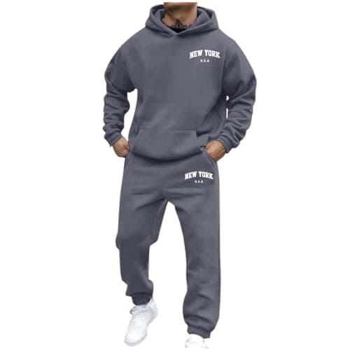 Image of OUMSHBI Tracksuit Mens Full Set New York Letter Print Hooded Sweatshirt And Sweatpants Hoodie Joggers Outfits With Pockets Graphic 2 Piece Sweatsuits For Plus Size Mens Tracksuit Set