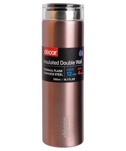 Image of Décor Double Wall Stainless Steel Travel Mug - Keeps 4 Hours Hot - 12 Hours Cold - Car Cup Holder Compatible - Removable Screw Top Lid - 300ml Rose Gold.