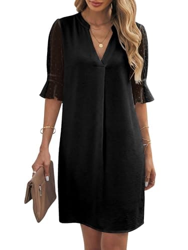 Image of KISSMODA Womens Elegant V Neck Dress Sheer Mesh Dot Ruffle Half Sleeve Shirts Dresses Solid Color Basic Shift Dress Black