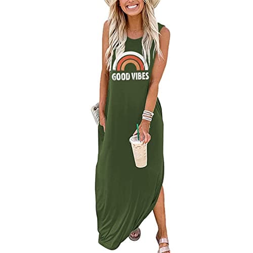 Image of Sxkayxr Women's Summer Sleeveless Maxi Dress Casual Loose Beach Good Vibes Tshirt Dresses with Pockets Green