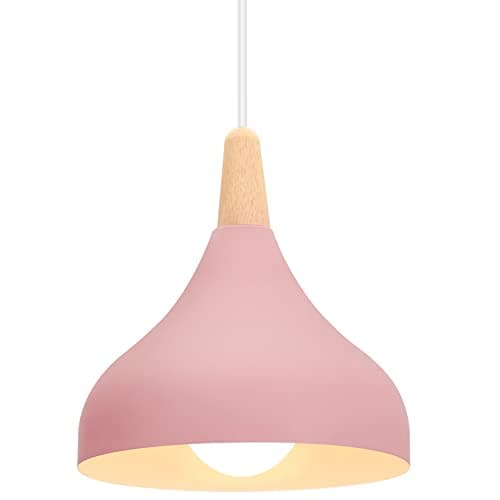 Image of iDEGU Retro Pendant Ceiling Light Modern Drop Style Hat Lampshade E27 Ceiling Light Retro Light Fixture in Metal Wood Pendant Lamp for Bedroom, Dining Room, Kitchen, Φ 20 cm (Pink)