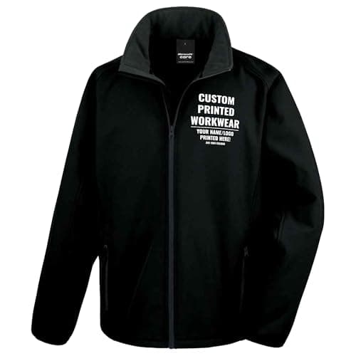 Image of Purple Print House Custom Mens Work Soft Shell Jacket for Him | Personalised Printed Jacket with Company Logo | Staff Uniform or Outdoor Layer | Add Your Business Logo or Text, L, Black