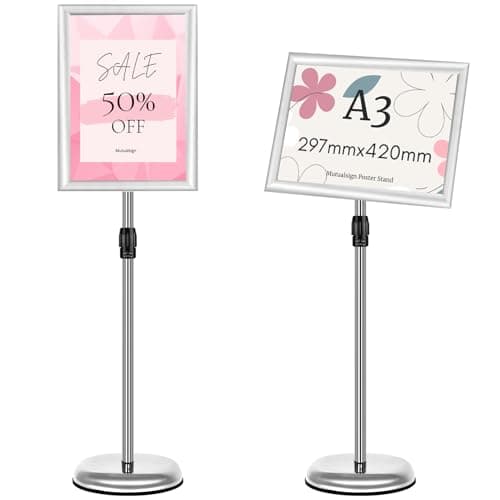 Image of Mutualsign A3 Display Stand Sign Stand Holder Poster Stand Adjustable Aluminum Free Standing Signs Holder for Menu, Advertising, Information(Sliver)