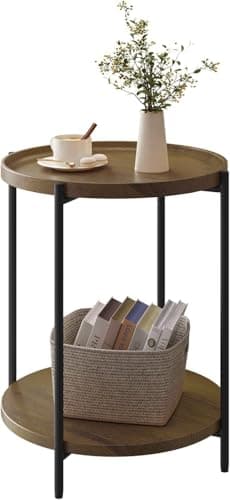 Image of WOLTU Round Coffee Table, Small Side Table with 2 Shelves, for Living Room Bedroom, MDF + Metal, Vintage Wood Effect, BTS06hov