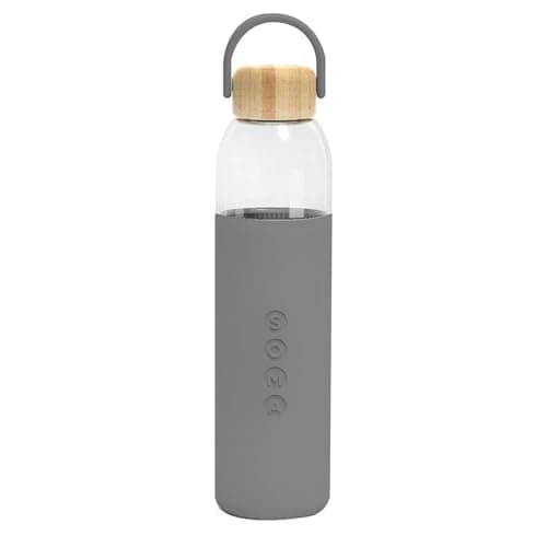 Image of Soma Glass Water Bottle with Non-Slip Silicone Handle & Sleeve, Natural Bamboo Screw Cap, and Leak-Proof Design - Reusable, Refillable, BPA-Free, Eco-Friendly Alternative - Grey, 24oz/740ml