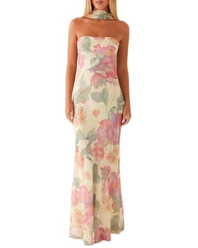 Image of Acrawnni Women Y2k Floral Tube Maxi Dress with Scarf Sleeveless Strapless Backless Mesh Long Bodycon Dresses Formal Cocktail Sundress (A-Mixed Color, M)