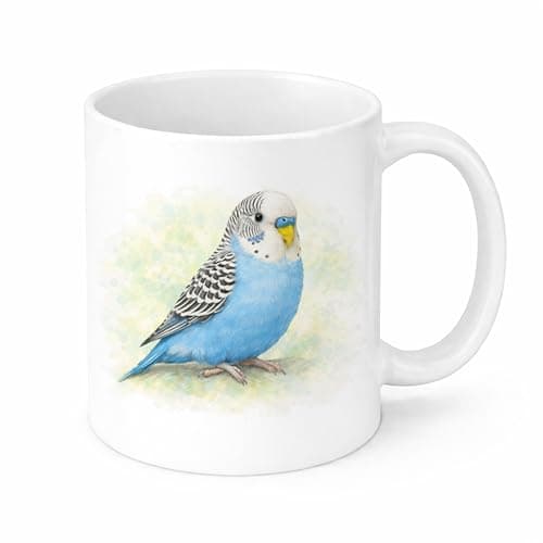 Image of Brew Crew Gifts Budgie Mug, Ceramic, White Gloss, 11oz, Watercolour Blue Budgie Design, Dishwasher Safe, Microwave Safe, Bird Lover Gift