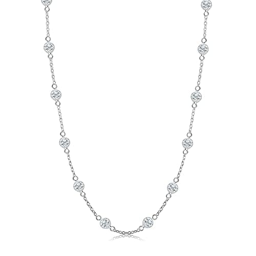 Image of LeCalla 925 Sterling Silver Jewelry Italian Design Round Cubic Zirconia CZ Station Necklace Cable Chain Statement Necklace for Women Teen 16 Inches