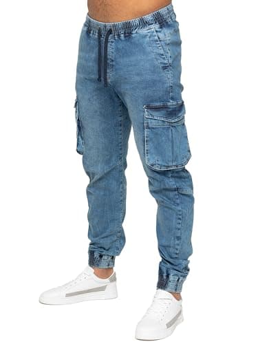 Image of 989Zé ENZO Mens Cargo Combat Jeans Elasticated Waist Cuffed Trousers Joggers (UK, Numeric, 36, Regular, Regular, Blue)