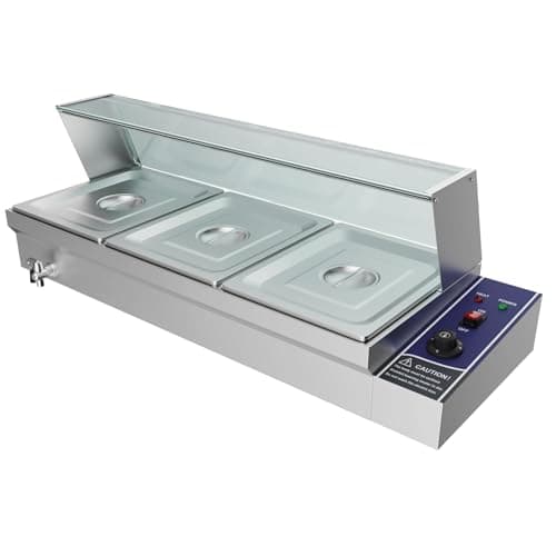 Image of TAIMIKO Bain Marie Electric Food Warmer 1500W Commercial Stainless Steel Buffet Wet Well Sauce Drain Tap Gastronorm Container Catering Restaurants 30-85°C (3 x1/2 GN Pans,With Glass)