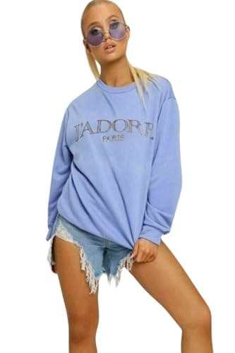Image of STAR FASHION Women's Long Sleeve Jadore Print Baggy Sweatshirt Round Neck Pullover Jumper Slogan Printed Design Casual Top-Sky Blue-16-18