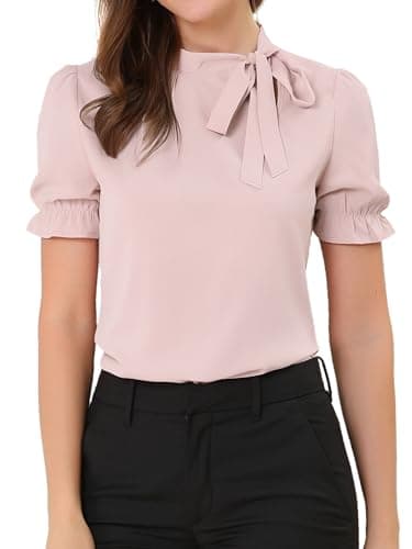 Image of Allegra K Women's Bow Tie Neck Tops Elegant Office Short Sleeve Blouse Pink 20