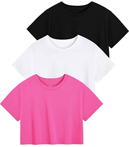 Image of Star Vibe 3 Pack Cotton Crop Tops Gym for Women Round Neck Cropped Athletic Top Workout Yoga Tops T-Shirt Women Black/White/Rose S