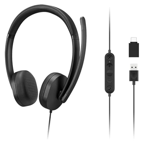 Image of Lenovo 115 USB-A/USB-C Wired Stereo Headset, in-line Control Box. Lightweight, Noise Cancelling, USB-A to USB-C Adapter, Black