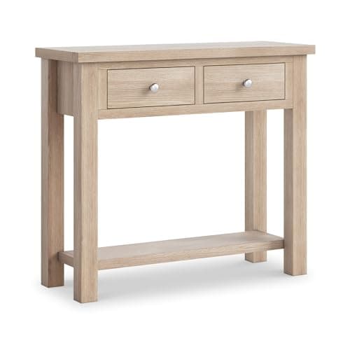 Image of RoselandFurniture Farro Oak Console Table for Hallway with Storage Drawers Large Wide Washed Oak Solid Wooden Hall Telephone Stand for Living Room Bedroom or Kitchen