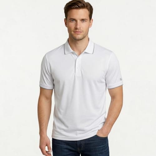 Image of Island Green Men's Golf Polo Shirt with 2 Way Stretch Breathable Fabric Moisture Wicking Quick-Dry Short Sleeve Sports T-Shirt for Men Adults Outdoor Running Gym and Work (White, Large)