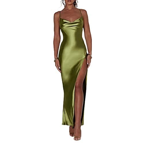 Image of FeMereina Women Summer Sexy Cowl Neck Spaghetti Strap Sleeveless Long Satin Dress Slit Club Slip Maxi Dress Wedding Guest Cocktail Midi Dresses (Green, S)