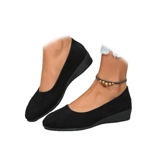 Image of Women's Lightweight Leather Shoes, Women's Comfort Arch Support Wedge Slip-On Shoes Ladies Low Heel Work Ballerina Loafer Shoes (Black,8)