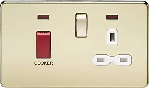 Image of Knightsbridge SFR8333NPBW 45 A DP Screw Less Switch and 13 A Polished Neon Switched Socket with White Insert - Brass