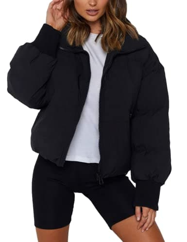 Image of Sukany Women's Winter Casual Padded Full Zip Stand Collar Long Sleeve Puffer Jackets Coat Short Down Warm Quilted Jacket Black L