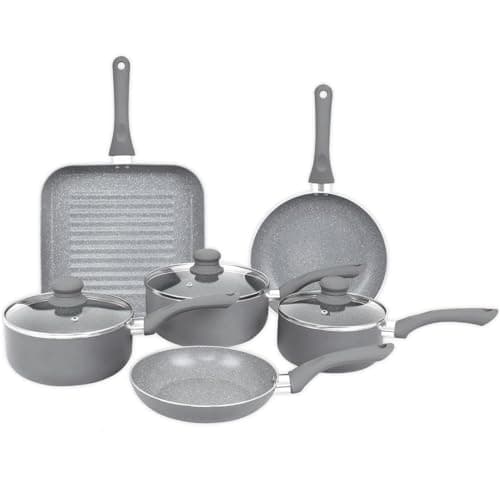 Image of Gr8 Home 9 Piece Non Stick Pan Set with Glass Lids & Steam Vent | Induction Compatible Cookware Set with Handles | Grey Marble Effect Frying Pan, Saucepan & Grill Pan Kitchen Cookware Set