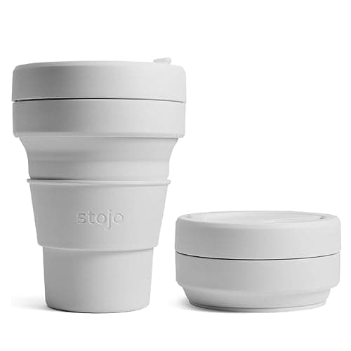 Image of STOJO On-The-Go Mini Collapsible Coffee Cup - 8oz / 237ml - Reusable & Foldable Silicone Travel Mug with Lid - Portable, Pocket Size - Dishwasher Safe - Cashmere