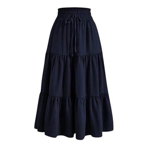 Image of duxyoz Maxi Skirts for Women Summer Boho Tiered Long Flowy Skirt Bohemian Boho Drawstring High Waisted Swing A-Line Skirt Casual Party Holiday Ruffle Gypsy Vintage Pleated Skirts Full Length Navy
