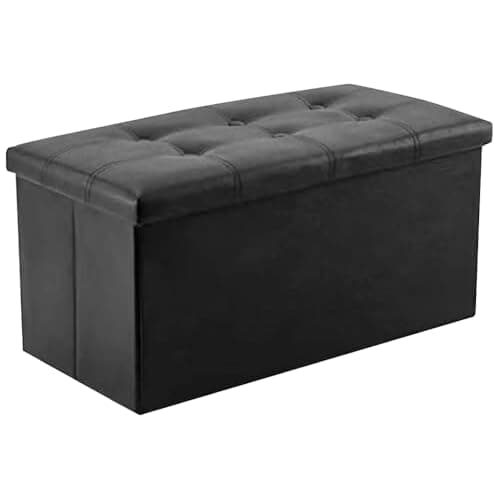 Image of BARGAINS-GALORE Large Ottoman Faux Leather Bench Stool - Folding Seat, Footstool, Chest, Foldable | Storage Box With Seat Lids For Kids Toys, Bedroom, Hallway, Living Room (Double, Black)