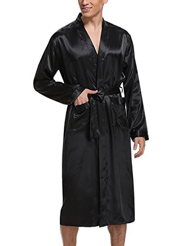 Image of Irdcomps Men's Kimono Dressing Gown Silk Robes Satin Long Bathrobe Lightweight Nightgown Classic Nightwear Long Sleeve Sleepwear with Pockets Loungewear Black XL