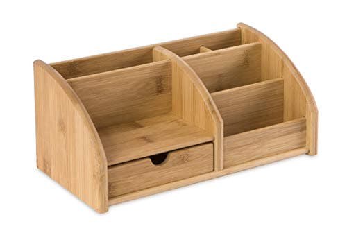 Image of Osco Bamboo 6-Compartments & 1 Drawer Desk Organiser, Wooden Pen & Stationery Holder, Makeup & Cosmetics Sorter, Office Desktop Storage, Slim Desk Tidy, Natural Bamboo Color, No Assembly Required