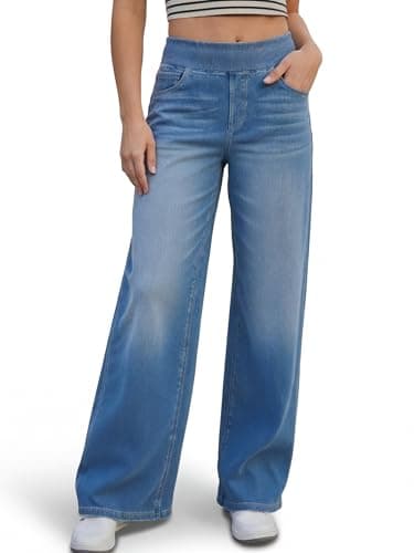 Image of High Waisted Flattering Jeans for Women, Denim Pants with Multiple Pockets, Wide Leg, Loose Fit, Stretchy Baggy, Straight Leg, Fashion Casual (UK, Alpha, M, Regular, Regular, Medium Light Blue)