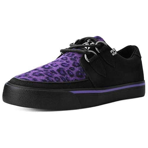 Image of T.U.K. Vegan Creeper Sneaker - Mens and Womens Sneakers - Colour Black Canvas & Purple Leopard Print - Punk, Goth and Rocker Style Leather and Lace Up Shoes - UK Size Men 4 / Women 5
