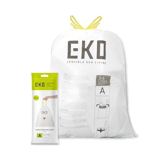 Image of EKO 3-6 Litre Drawstring Bin Bags, Heavy Duty Bin Liners for Small Kitchen and Bathroom Bins, Leakproof and Tear-Resistant for Waste & Recycling, Unscented Food Waste Bags, 30 Count, Code A, White