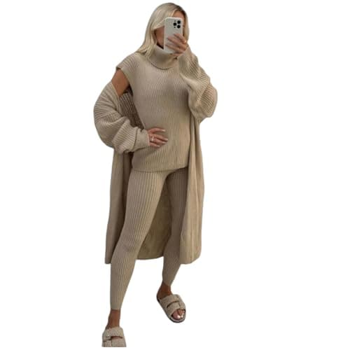 Image of Alam Exclusive Ribbed Knitted Lounge Wear Sets for Women, 3 Pieces Co-ord Tracksuit Winter UK (UK, Numeric, 8, 14, Regular, Regular, Beige)