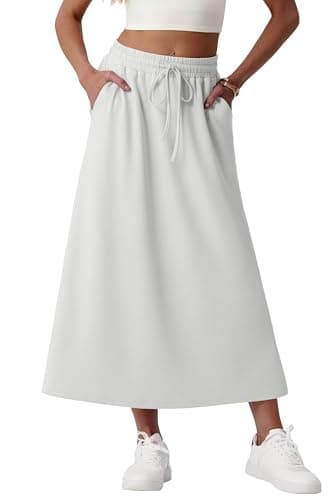 Image of GRECERELLE Women's Skirts with Pockets Elasticated Waist Midi Skirt A-Line Summer Casual Maxi Skirt Long Skirts for Women UK (White, XL)