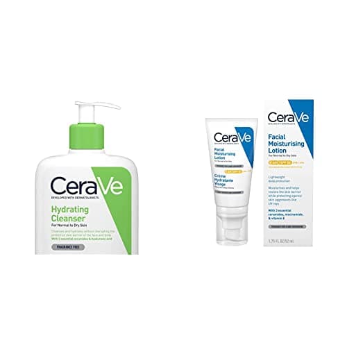 Image of CeraVe Hydrating Cleanser for Normal to Dry Skin 473ml with Hyaluronic Acid & 3 Essential Ceramides & AM Facial Moisturising Lotion SPF50 with Ceramides & Vitamin E for Normal to Dry Skin 52ml