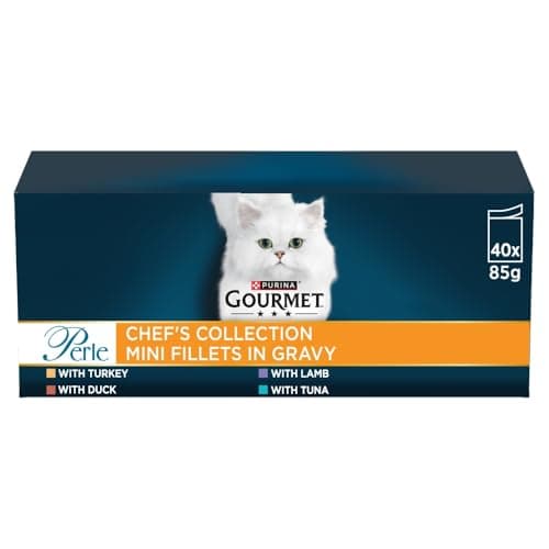 Image of GOURMET Perle Chef's Collection Adult Wet Cat Food Mini Fillets in Gravy Variety Turkey, Tuna, Duck, Lamb 40 x 85g Pouches